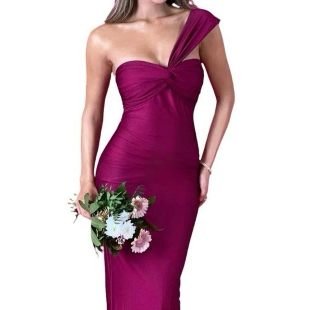 Windsor Burgundy One Shoulder Satin Formal Maxi Dress Size S